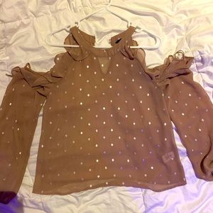 tan/pink long sleeve cold shoulder blouse